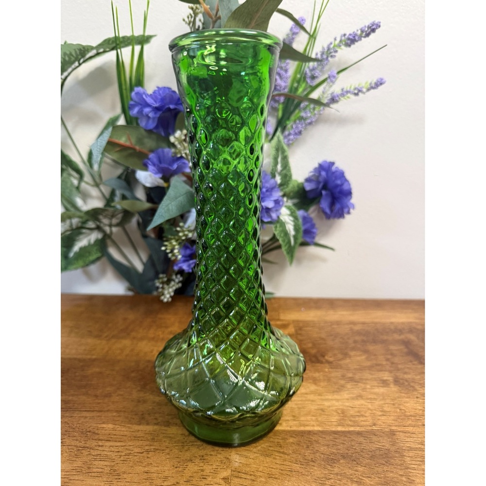 Vintage Randall Green Pressed Glass Diamond Quilt‎ Pattern Vase Collectible